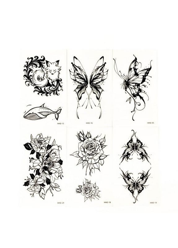 Набір тимчасових тату "Метелики та квіти №1" black-tattoo-mini-set-f01 із 6 чорних по 9,5 х 5,5 см Fresh Tattoo (316269618)