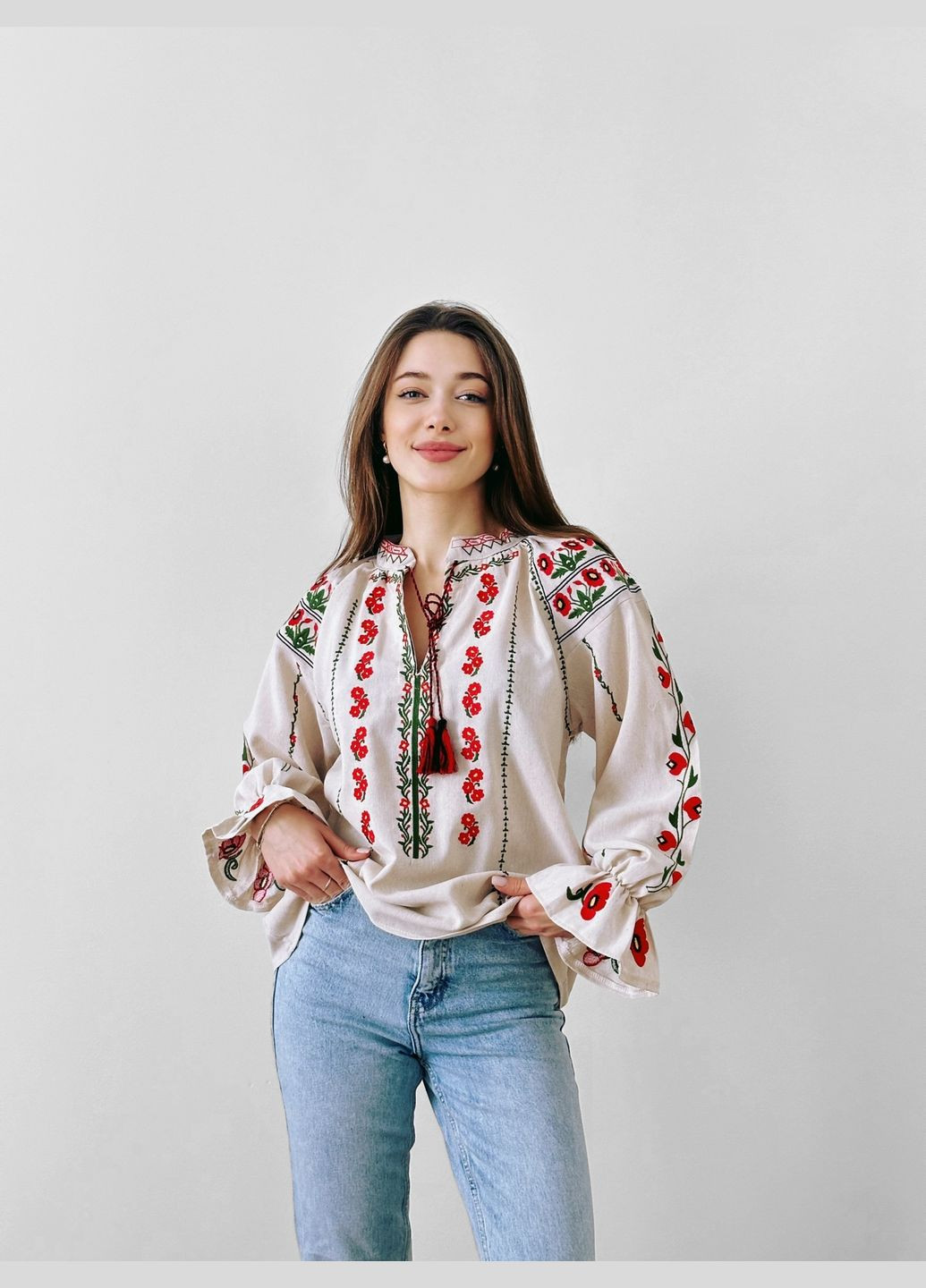 Бежевая блузка бежевая вышиванка маки с пышными рукавами You Best (294608561)