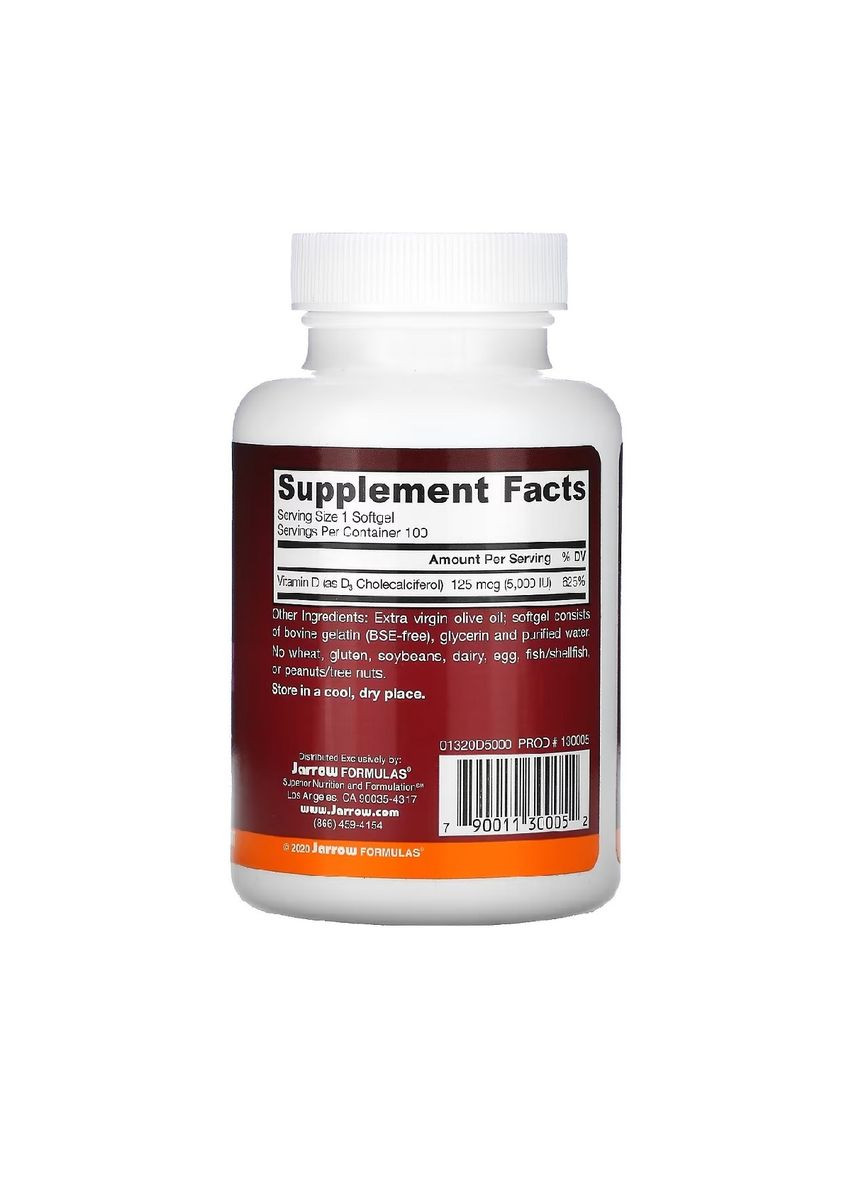 Вітамін D3 (Холекальциферол), 5000 МО,, 100 гелевих капсул Jarrow Formulas (326054729)