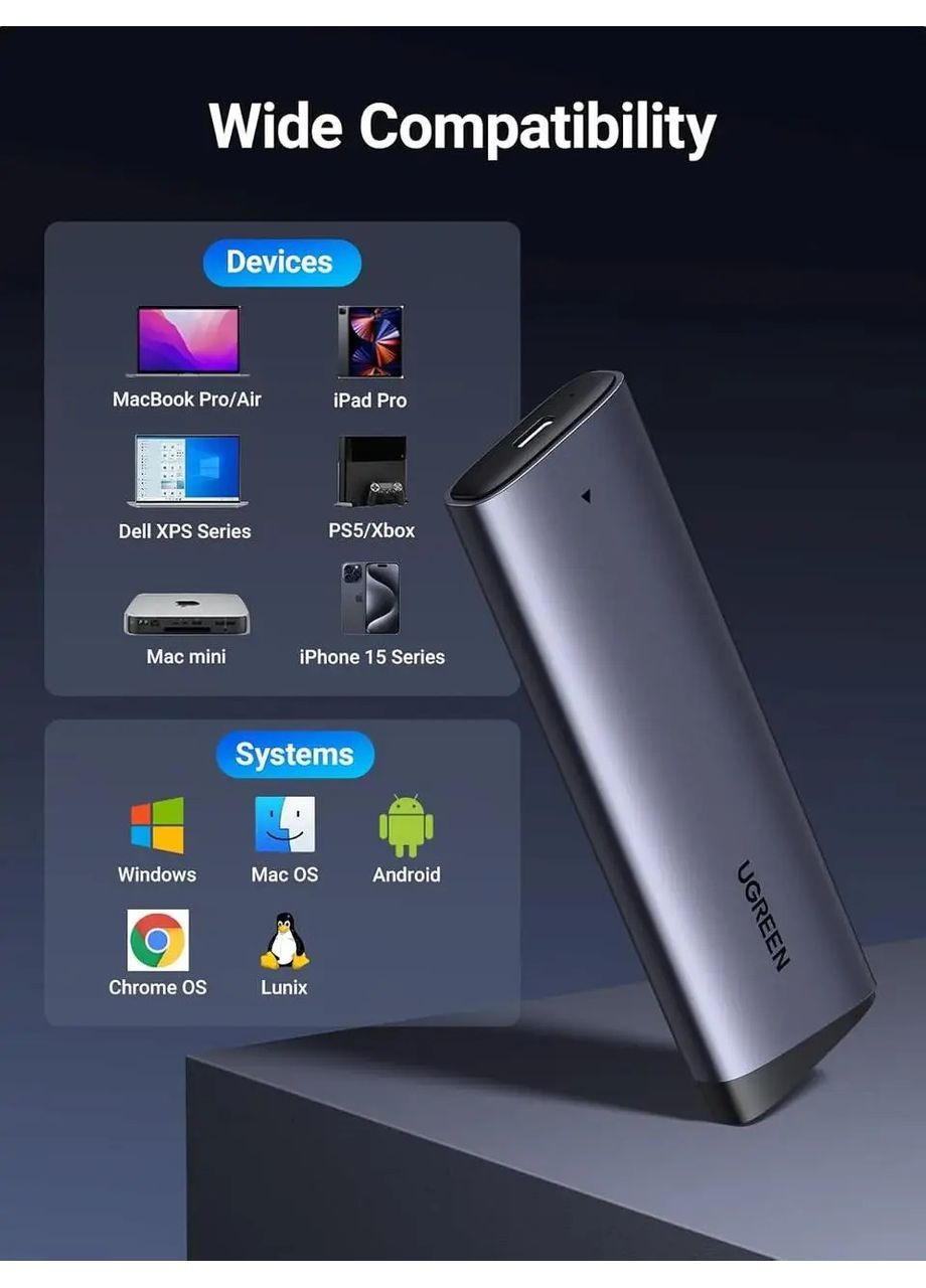 Внешний корпус карман для жесткого диска SSD M.2 NVME CM767 10 Гбит/с USB C 3.2 Gen 2 Ugreen (365301547)