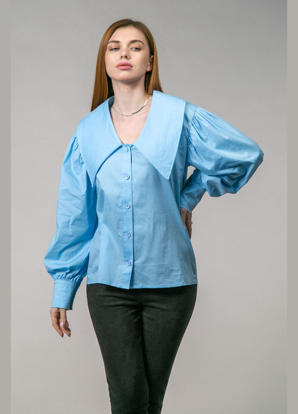 Светло-голубой классическая рубашка однотонная CHICLY с длинным рукавом