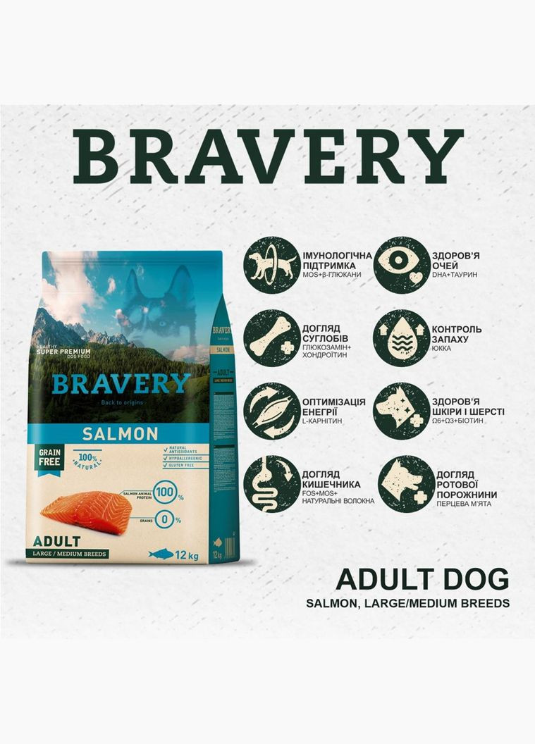 Сухой корм Salmon Large/Medium Adult для взрослых собак средних и больших пород с лососем 12 кг (8436538946640) Bravery (316226773)
