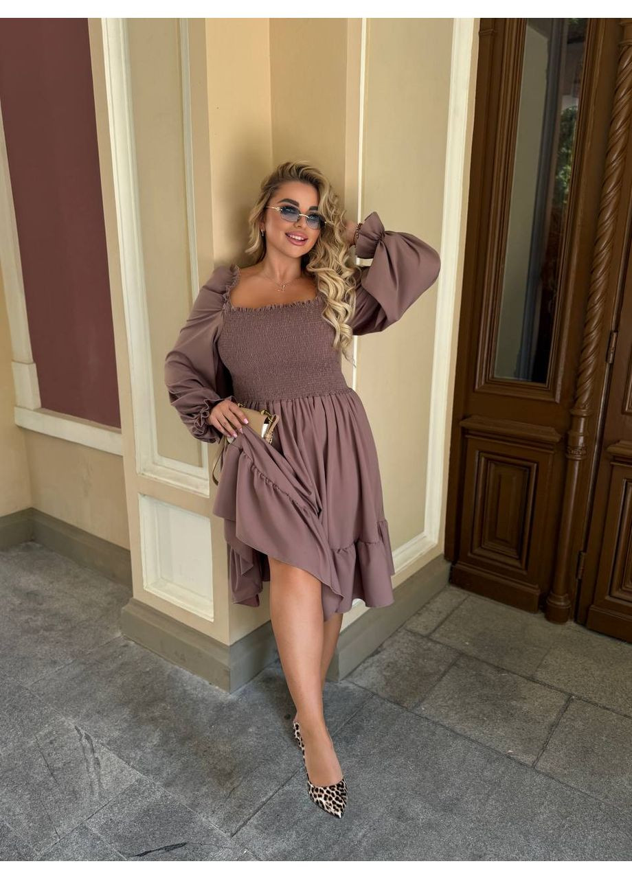 Темно-бежевое повседневный платье женское а-силуэт Гермес однотонное