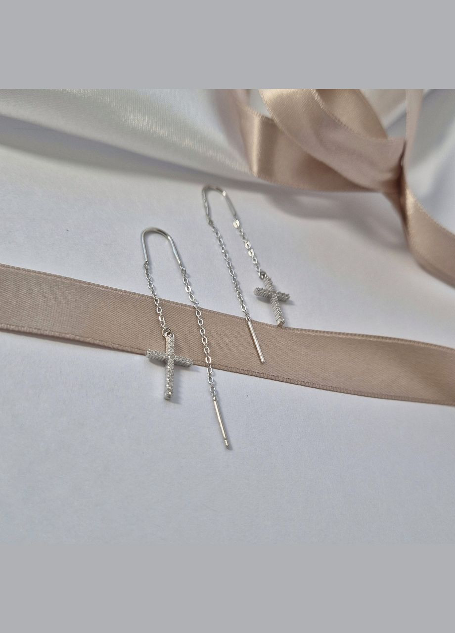 Срібні сережки протяжки цепочки Хрест в Білих каменях срібло 925 проби Родоване с2ф/299 1.50г No Brand (306743431)