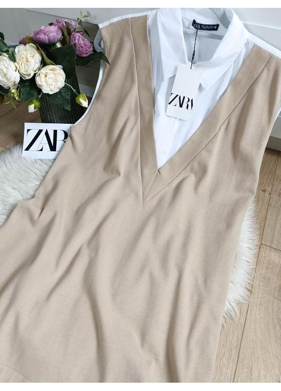 Белое комбинированное платье с воротником и пуговицами Zara