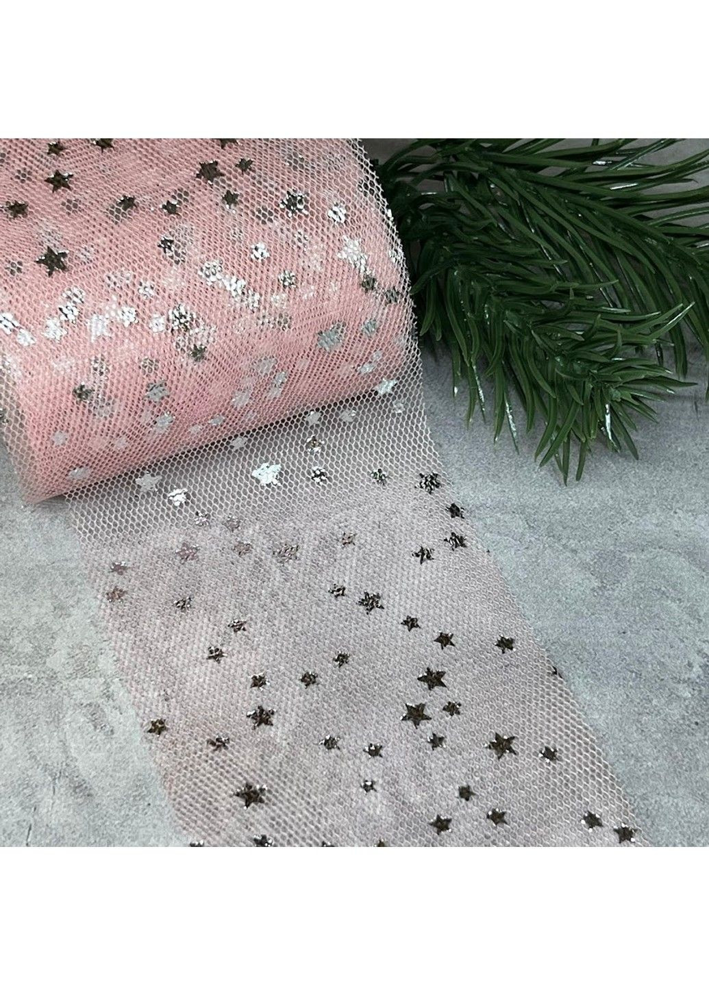 Фатинова стрічка (фатин) - Срібна зірочка, ширина 6 см, пудровий, метр No Brand (307171737)