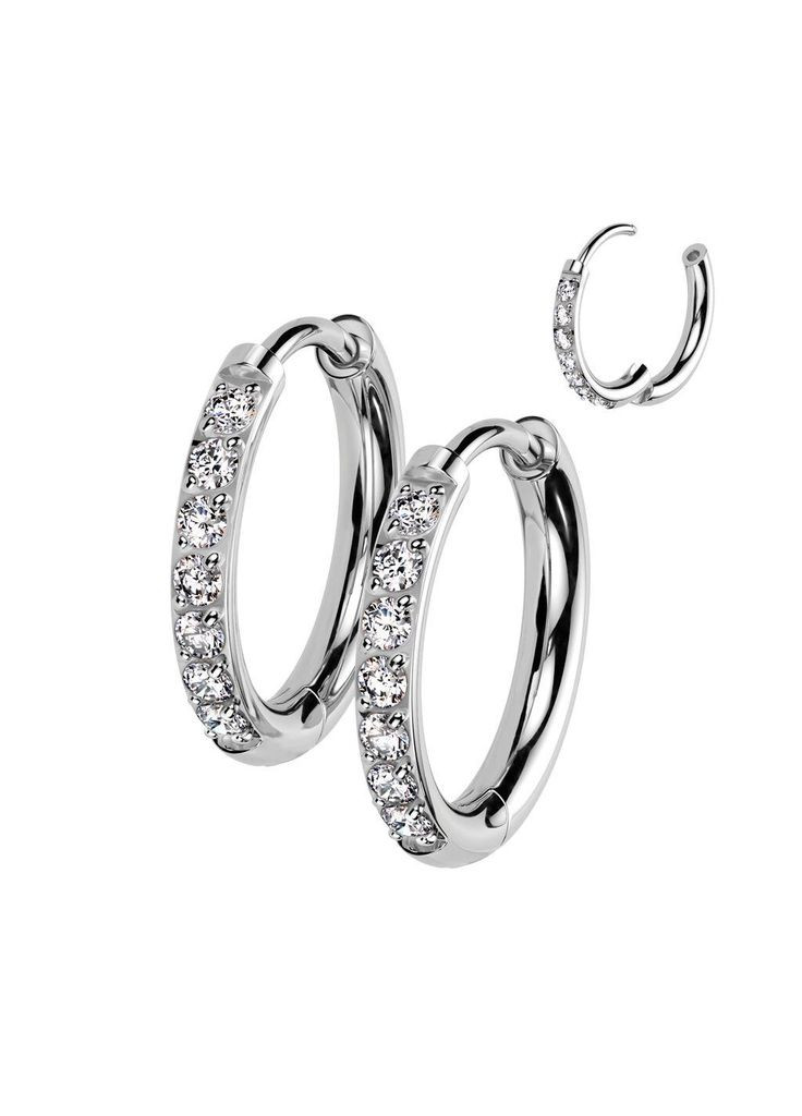 Титанові сережки конго TERH02-10-ST сережки-кільця сріблястого кольору з фіанітами (Діаметр: 10мм) Spikes (367581059)