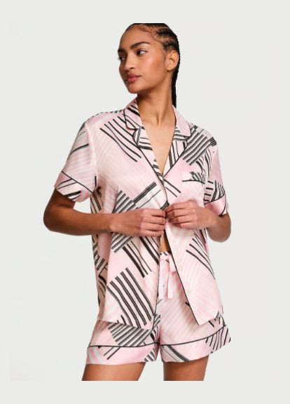 Розовая пижама сатиновая розовая полоски шорты+рубашка satin short pajama set Victoria's Secret