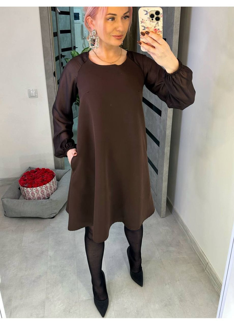 Коричнева святковий стильна сукня вільного крою кльош No Brand