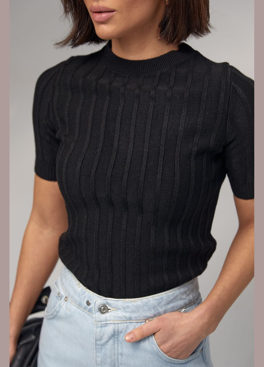 Черная демисезон женская вязаная футболка в рубчик 231250 с коротким рукавом Lurex