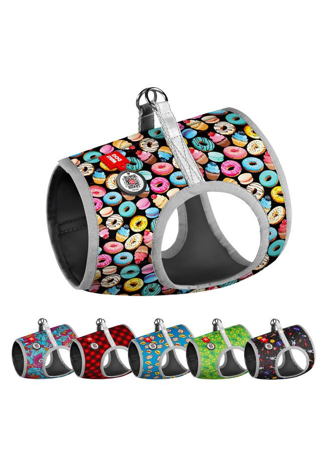 Шлей для собак мягкая Clothes с QR паспортом, рисунок "Пончики",,В 36-39 см, С 26-28 см WAUDOG (363978779)
