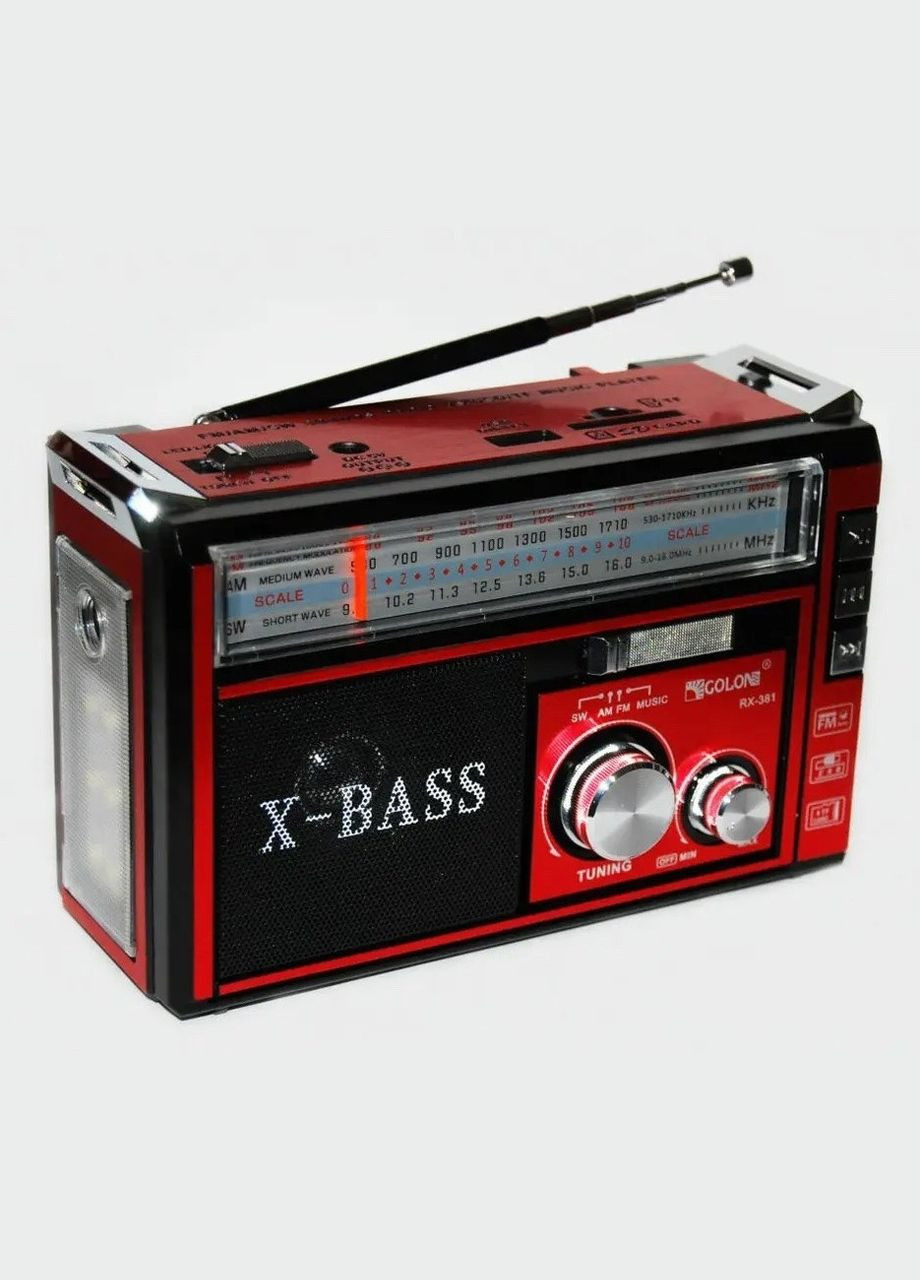Радіоприймач багатофункціональний портативний з ліхтариком LED USB AUX RX-381 радіо FM/AM/SW Червоний Golon (306716512)