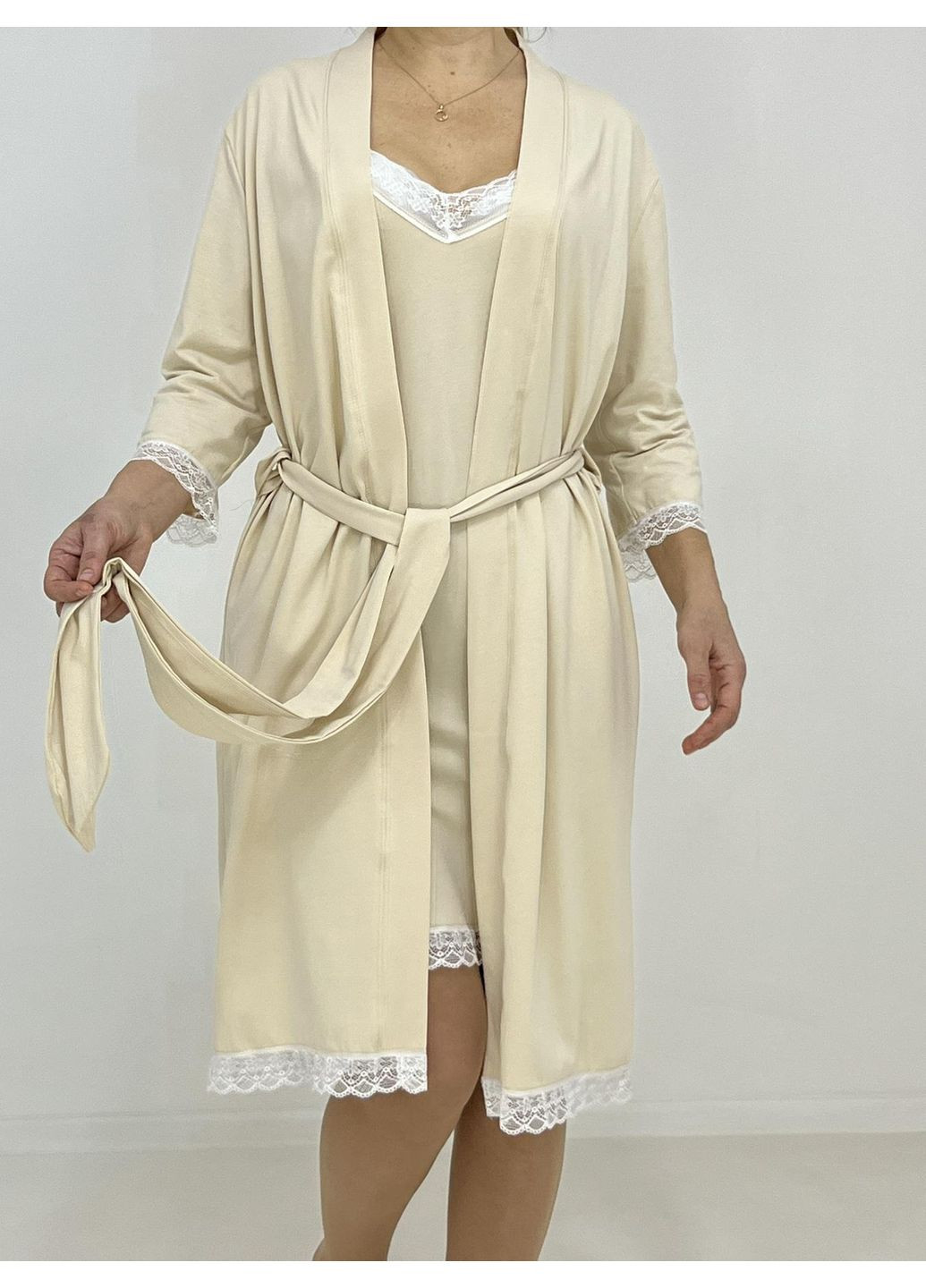 Женский комплект с кружевом (ночная рубашка + халат) Pars 52 Кремовый (29648747-5) Triko (316502729)