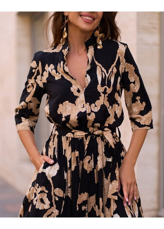 Чорна повсякденний чорна довга бавовняна сукня з розрізом кльош ISSA PLUS з абстрактним візерунком