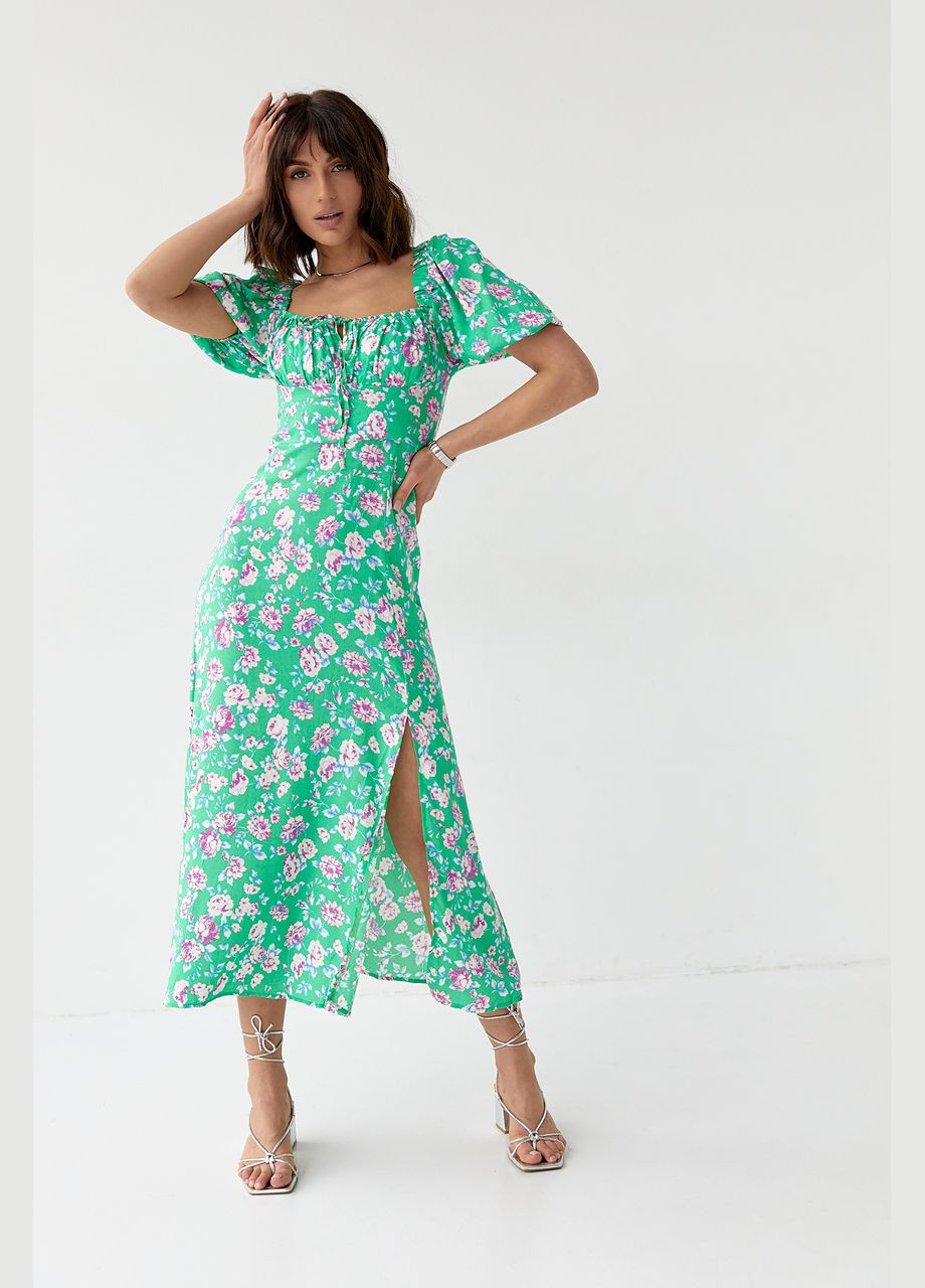 Зелена повсякденний літня квіткова сукня міді з куліскою на грудях 90370 Lurex з квітковим принтом