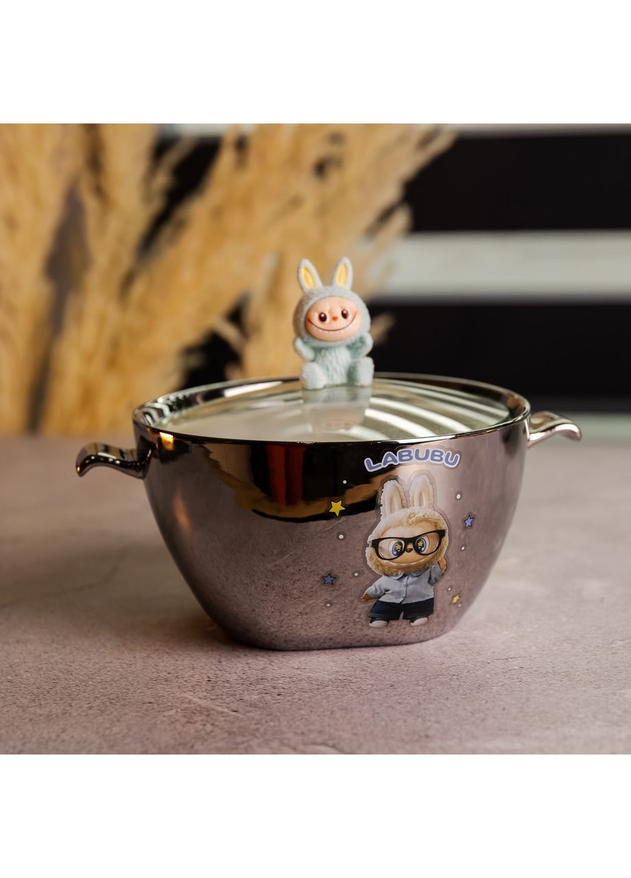 Бульйонниця порцелянова Labubu з кришкою і ручками 800 (мл) Ø15 (см) Сріблястий з блакитним FM-34D Yiwu (370707865)