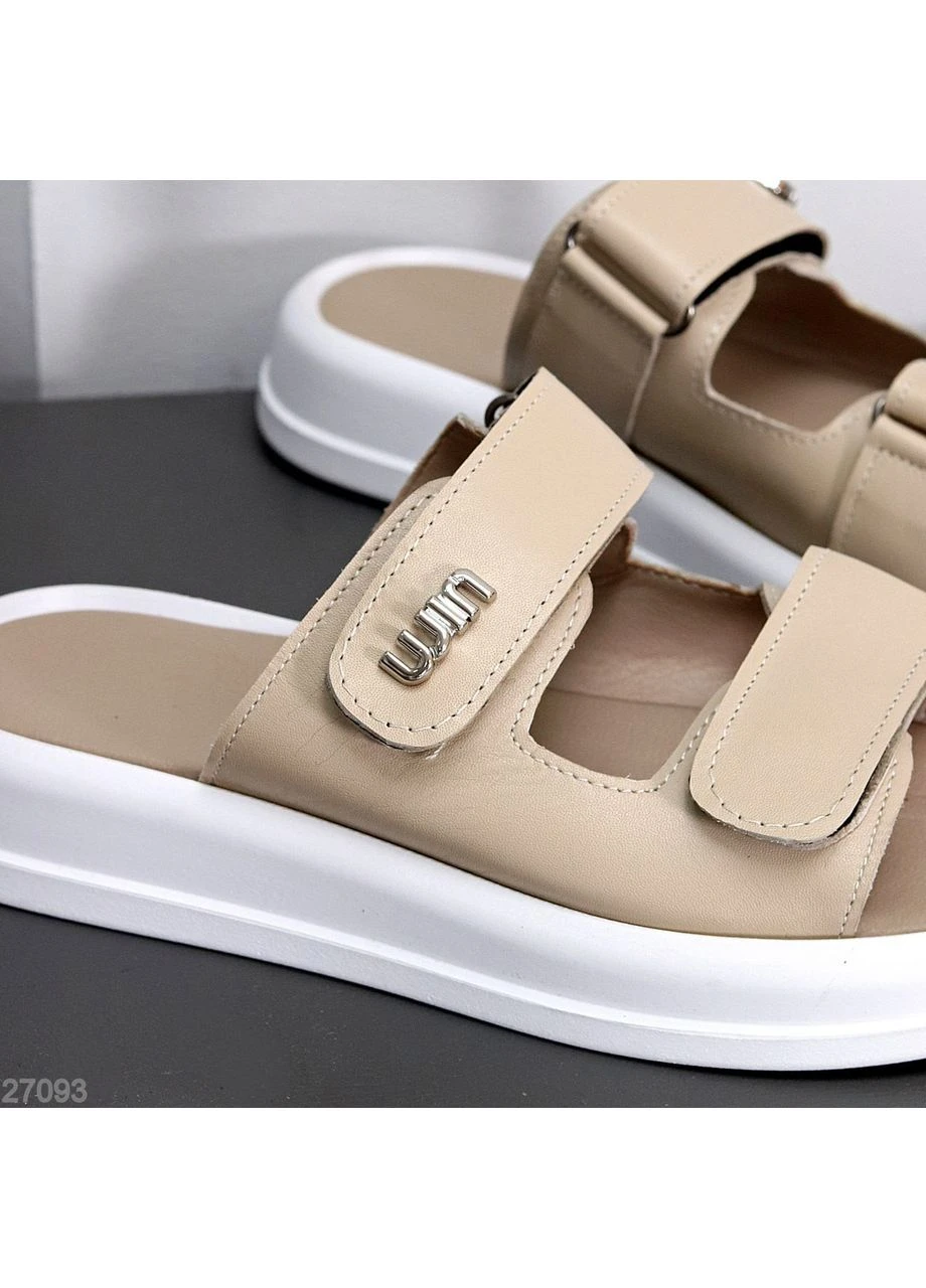 Бежевые кожаные шлепанцы No Brand