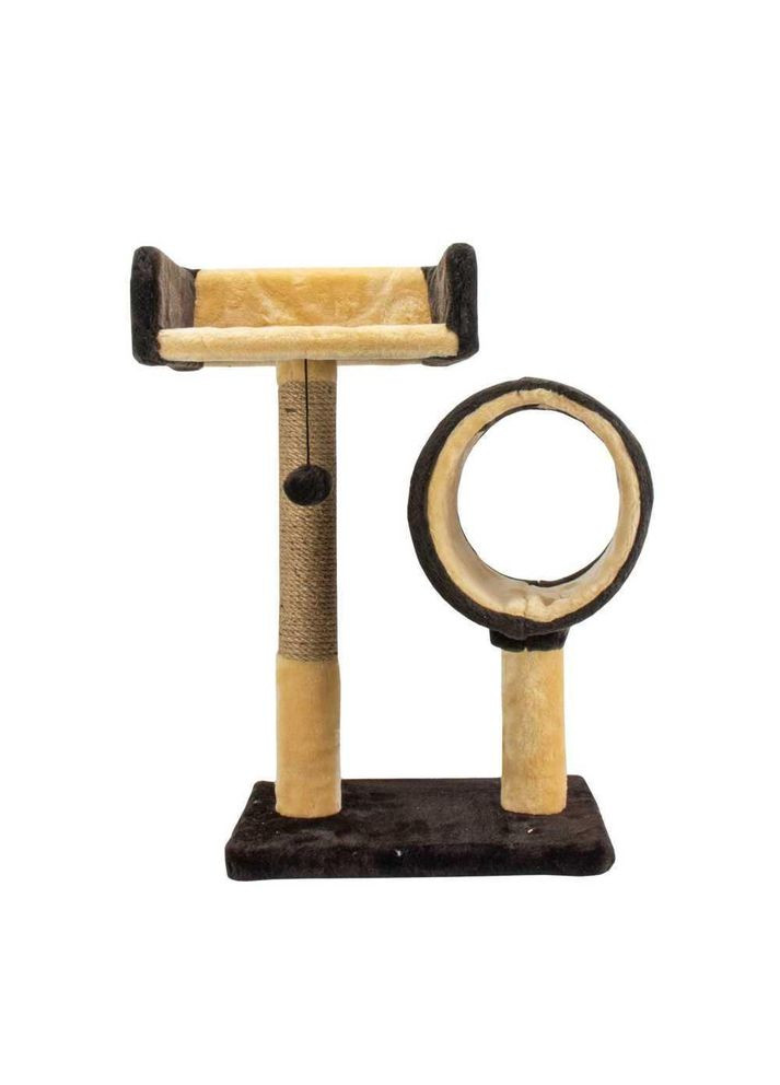 Когтеточка К-5 драпак стовпчик на підставці з диваном та тунелем шоколад з бежевим 56х38 см (джут) Пухнастики (304424234)