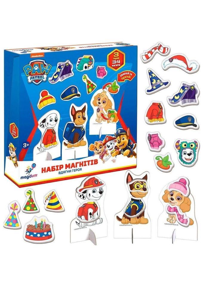 Дитячий набір магнітів "Щенячий патруль: Вдягни героя" ML4034-13, 3 героя 34 магніти No Brand (330609144)