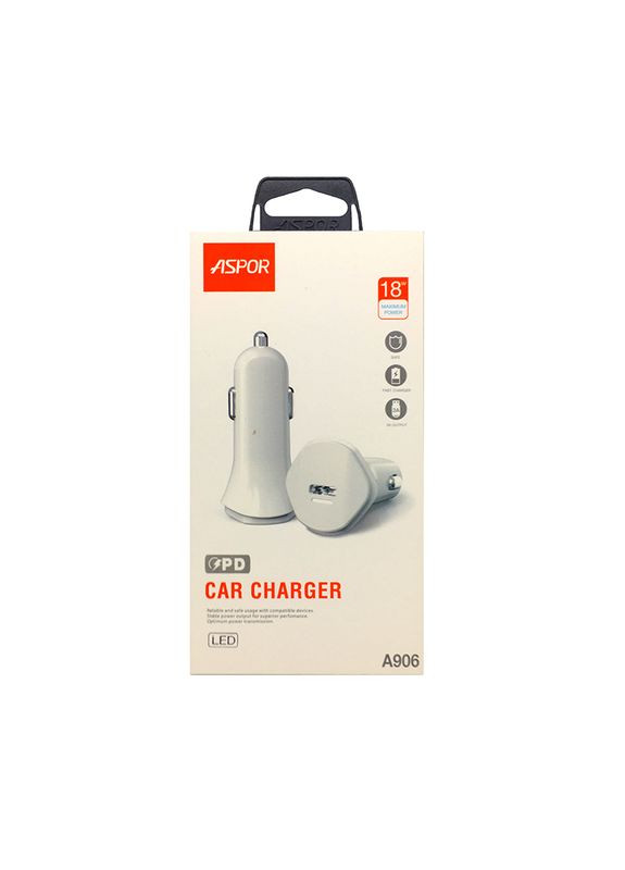Автомобильное зарядное устройство A906 PD (USB-C/3A/20W) + кабель Type-C – Type-C-белый Aspor (368560867)