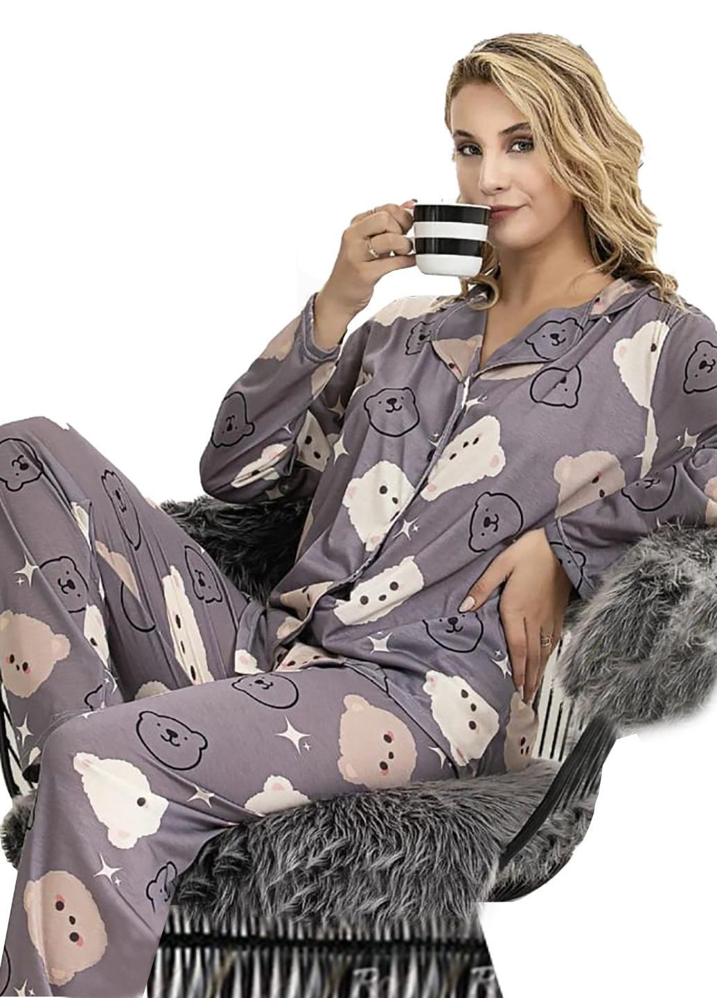 Серая пижама женская трикотаж рубашка + брюки No Brand