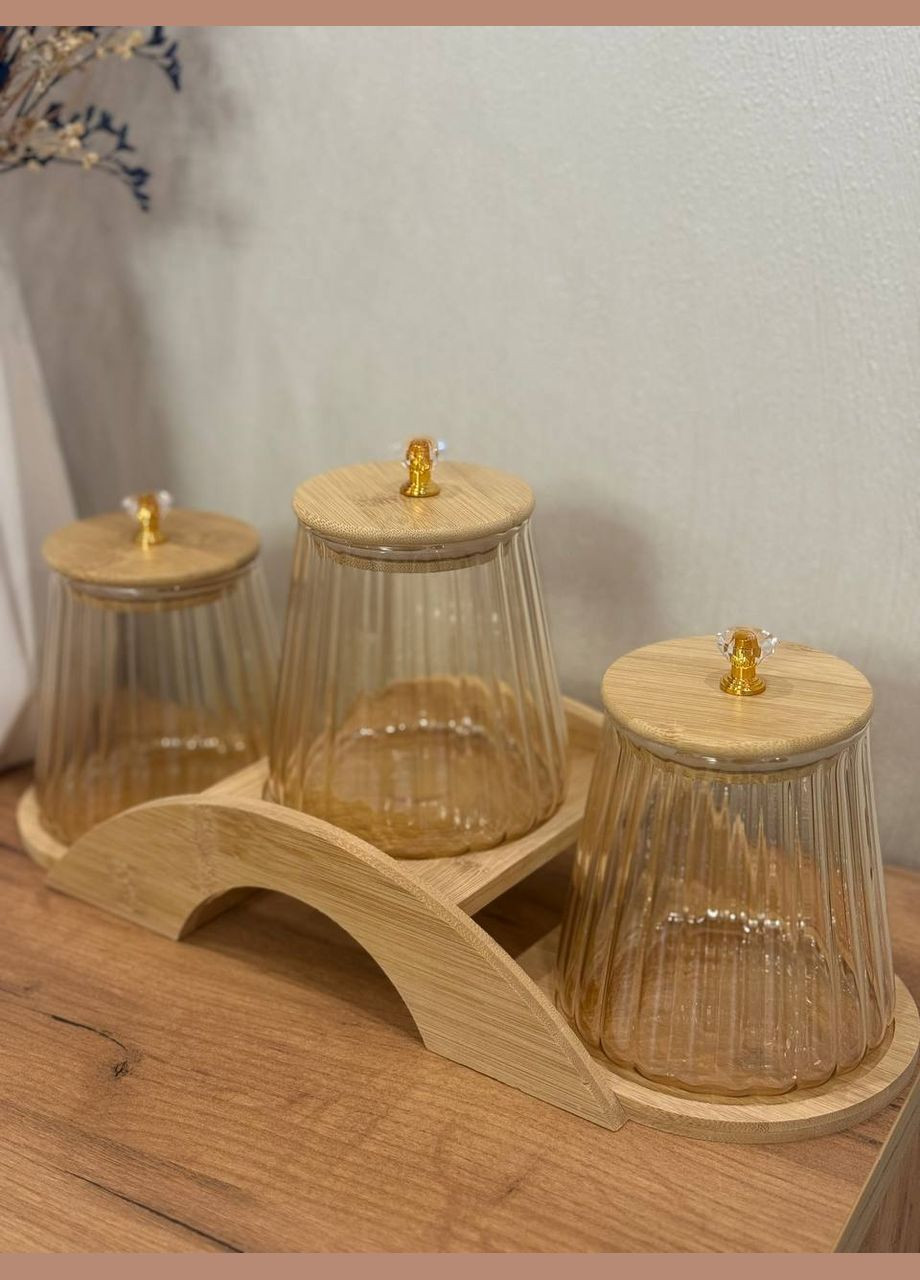 Набір банок для сипучих продуктів HP-19-8 скляних на бамбуковій підставці 3 шт 760 мл Золотистий Yiwu (337503460)
