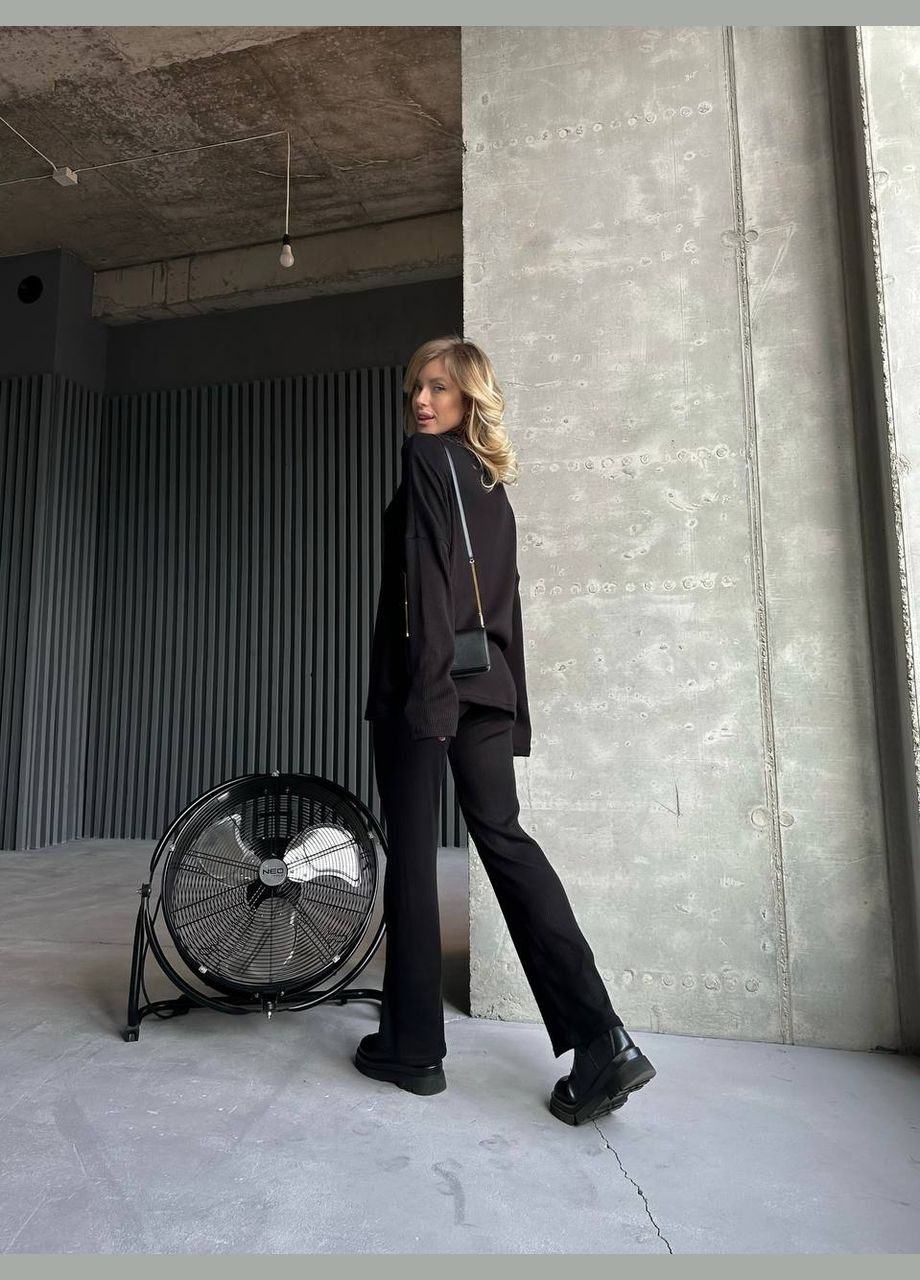 Ніжний чорний костюм двійка з рубчика з блискавкою на грудях (кофта+прямі штани), приємний до тіла комфортний костюмчик No Brand 486-2 (303606559)