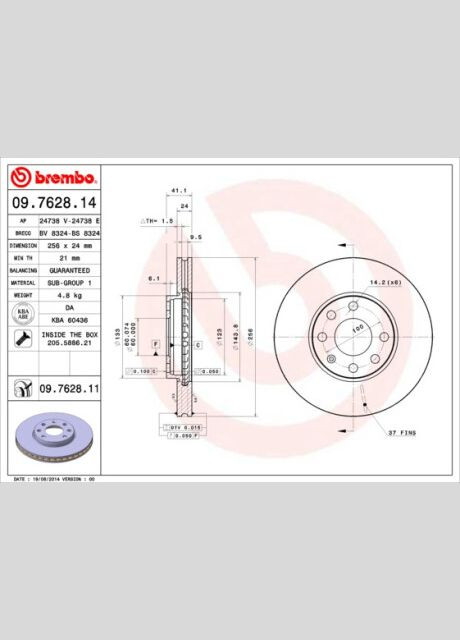 Диск тормозной передний OPEL ASTRA G BOX 01/99-04/05 ASTRA G ESTATE 02/98-07/04 ASTRA G HATCHBACK 02 09.7628.14 Brembo (368135052)