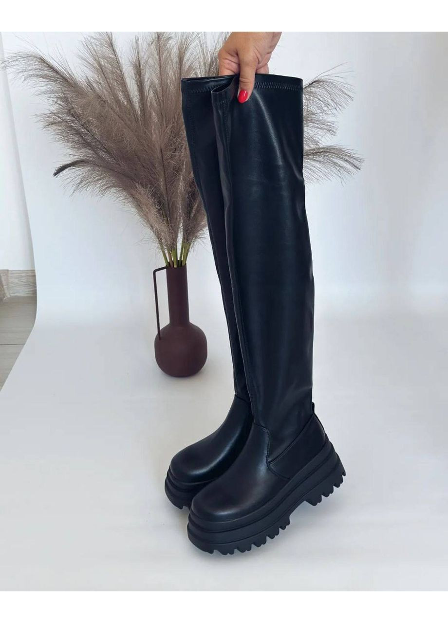 Черные осенние женские демисезонные ботфорты на платформе No Brand