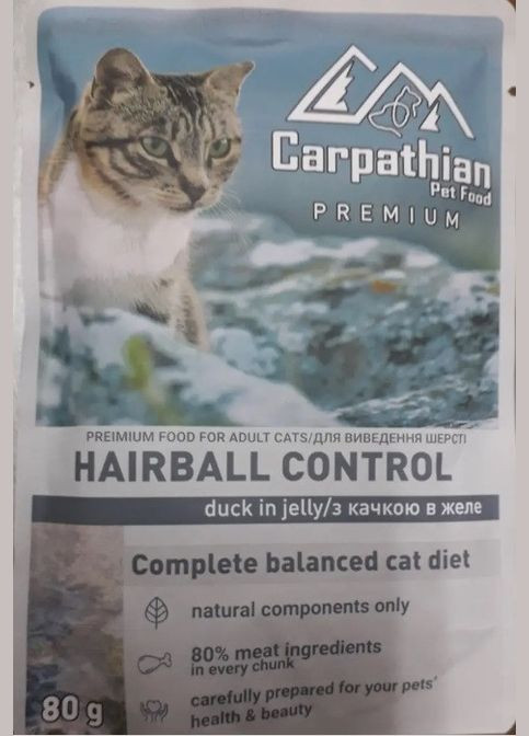 Вологий консервований корм для виведення вовни з Уткою в желі 80 г Carpathian Pet Fod Hairball Contr Carpathian Pet Food (278308275)