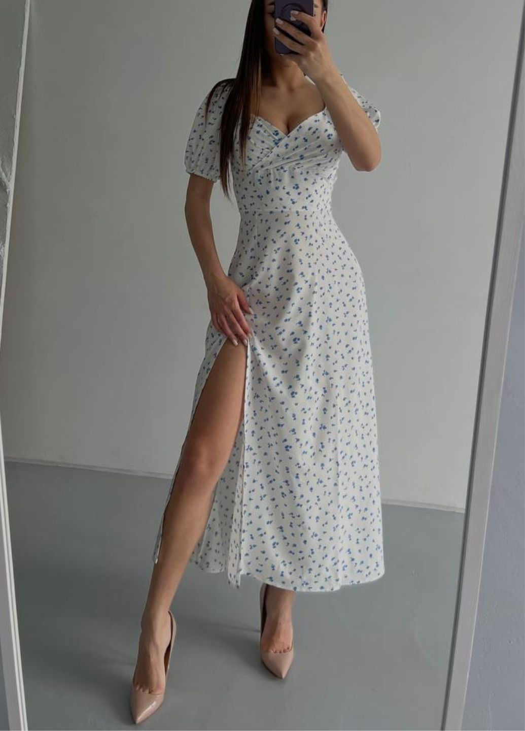 Голубое повседневный платье макси с разрезом на ножке а-силуэт Tik-Tak с цветочным принтом