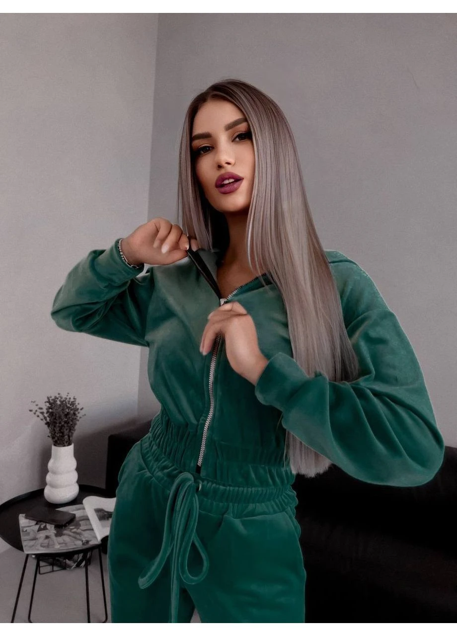 Женский велюровый костюм изумрудного цвета 36383 No Brand (374750755)
