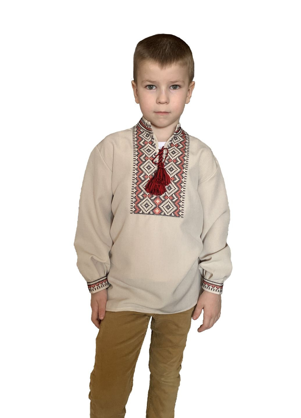 Бежевая детская вышиванка для мальчика скрипка красная в цвете беж НоКо узор орнамент габардин (322404173)