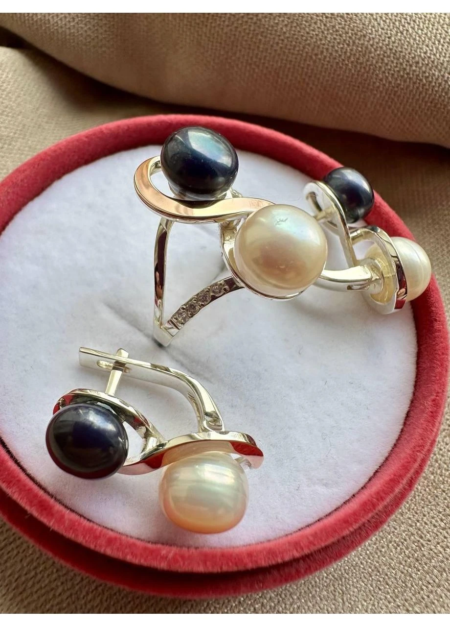 Сережки Інь-Янь срібні 925 з золотими вставками 375 перлина No Brand (393248903)