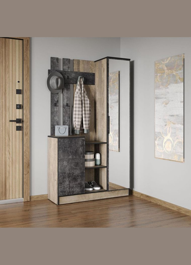 Стильная прихожая с зеркалом, дверцей и крючками для одежды от KO-0004 Гранж Песочный/Бетон Темный MORELI (361035072)