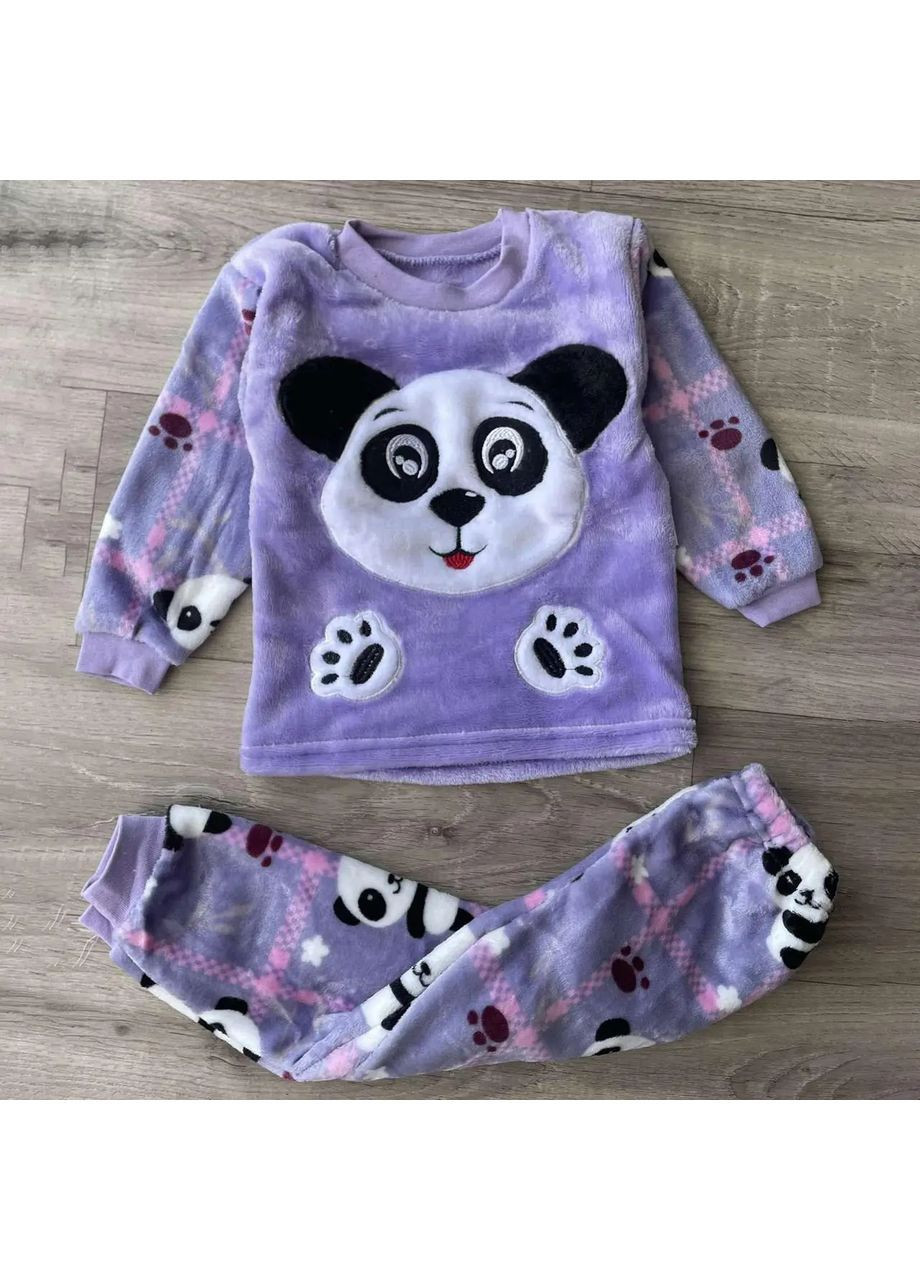 Фиолетовая всесезон детская махровая пижама для девочки с пандой теплая и мягкая No Brand