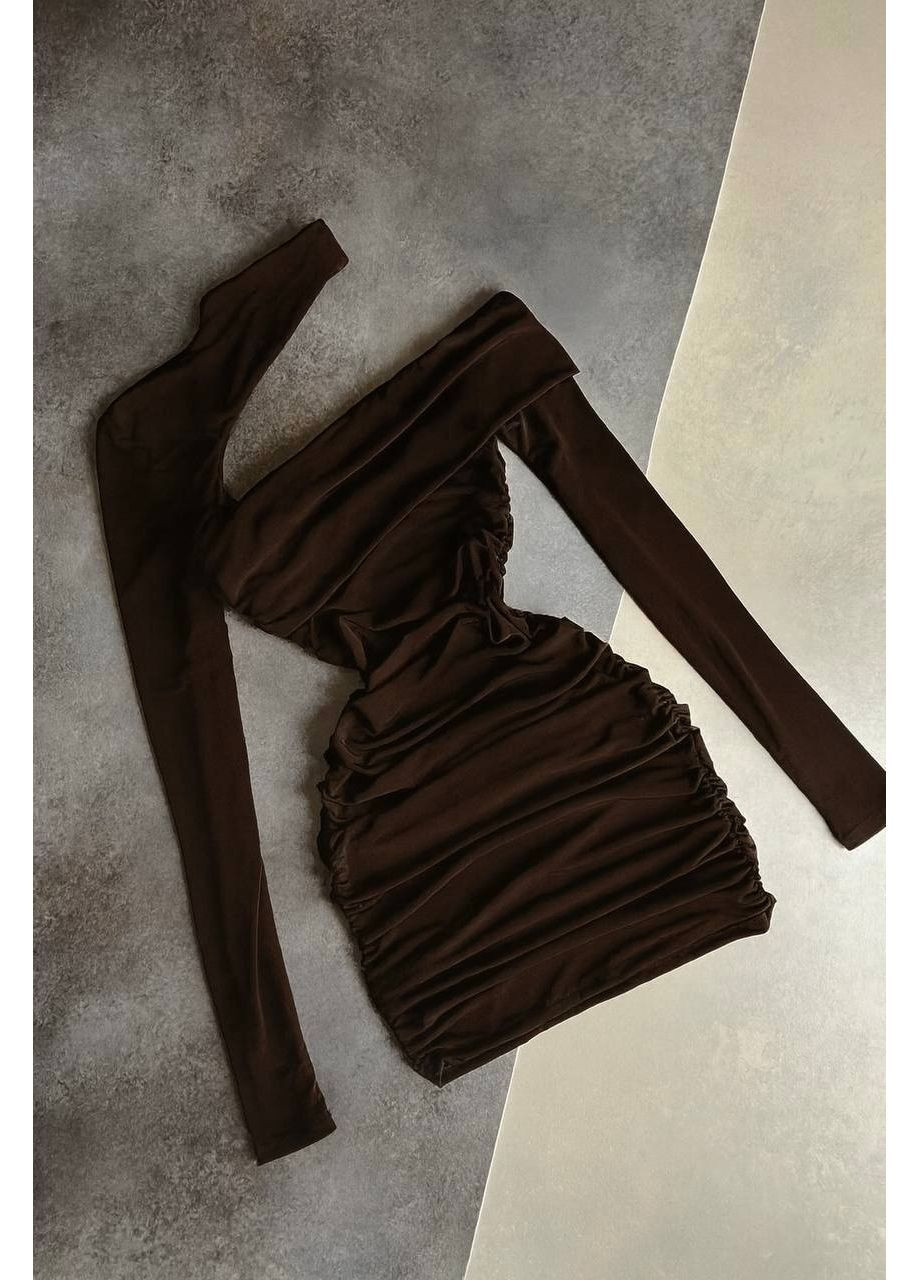 Коричнева повсякденний, вечірня, кежуал жіноча сукня на одне плече No Brand однотонна