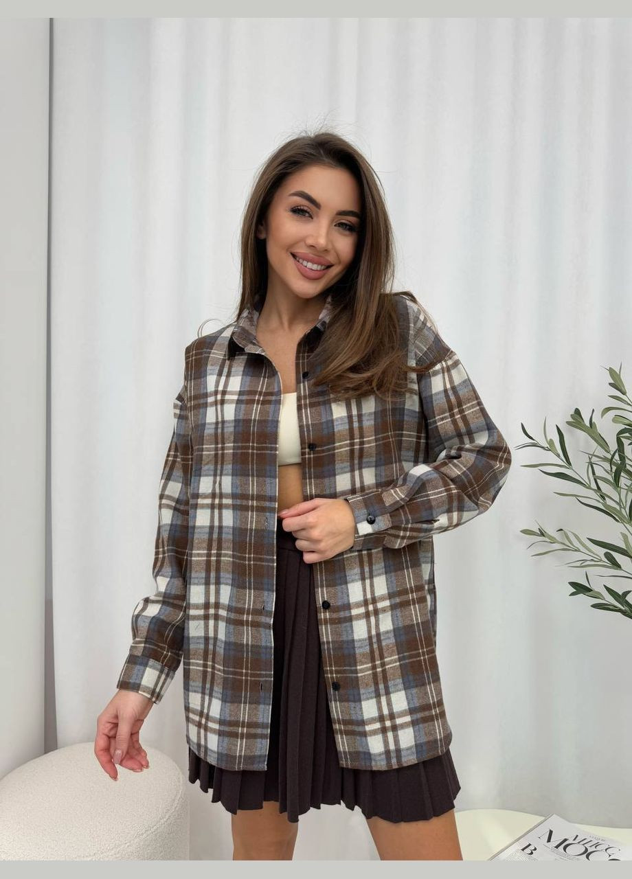 Коричневая повседневный, кэжуал, джинсовая рубашка в клетку No Brand с длинным рукавом