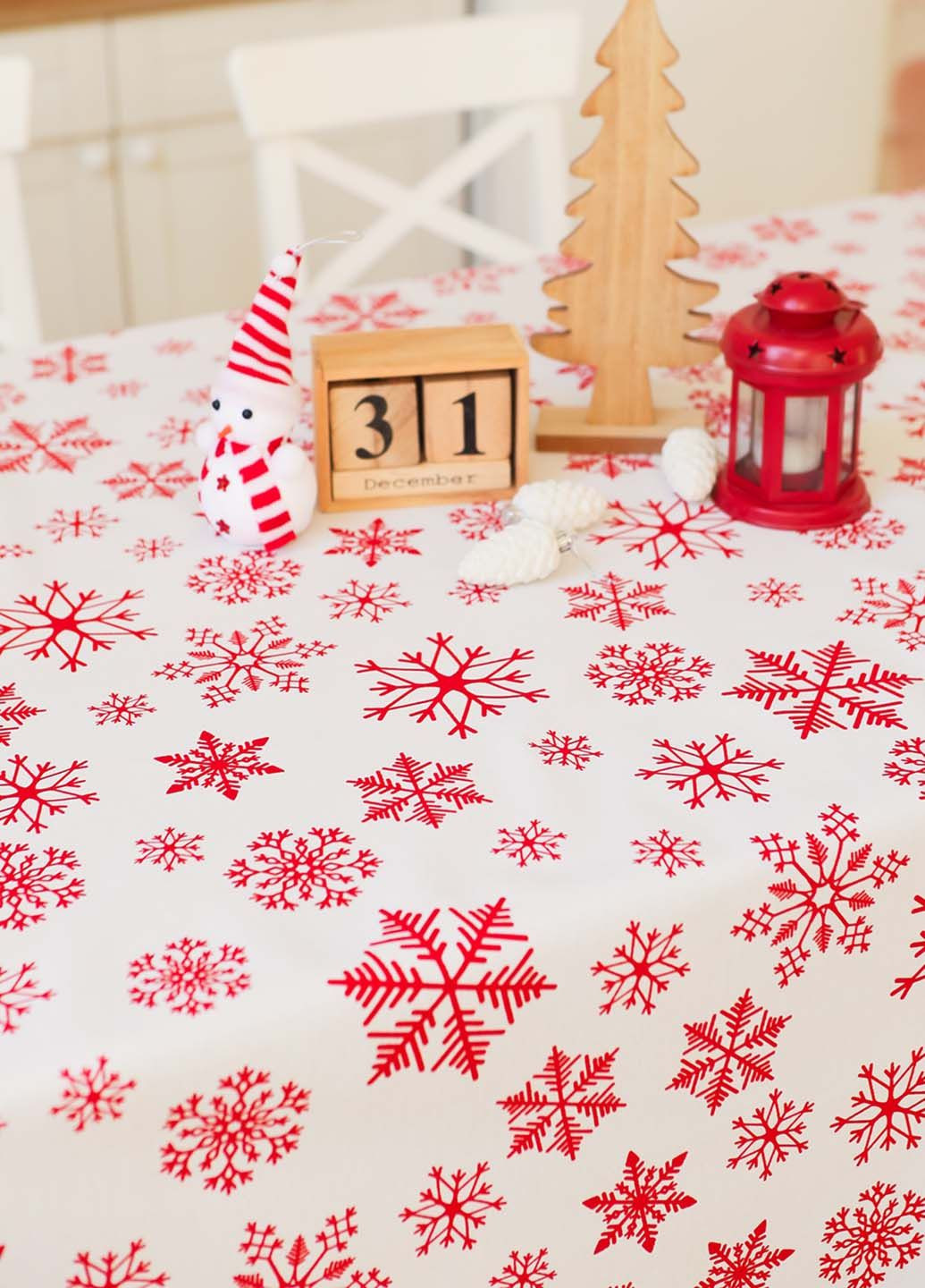 Новорічна скатертина бавовняна "Сніжинки червоні (на білому)" 1.5м х 1.5м (квадратна на круглий стіл) Homedec - (366734893)
