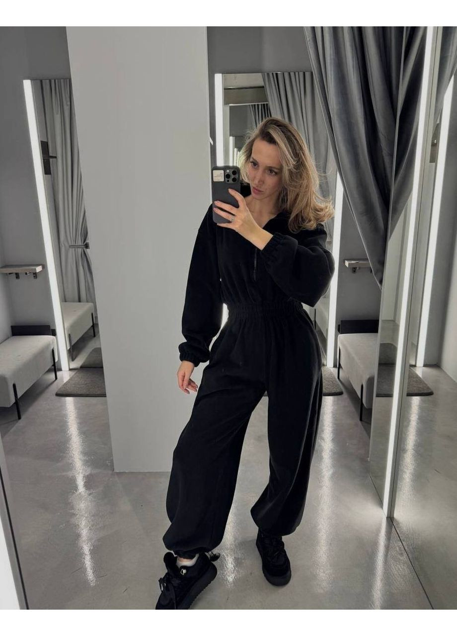 Жіночій комбінезон FINO Mode комбінезон-брюки однотонний чорний повсякденний, кежуал велюр