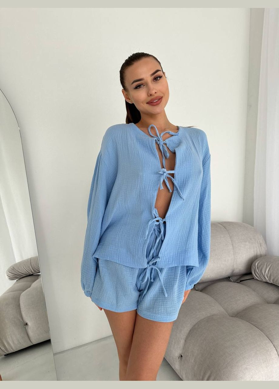 Блакитна жіноча піжама муслін сорочка + шорти No Brand