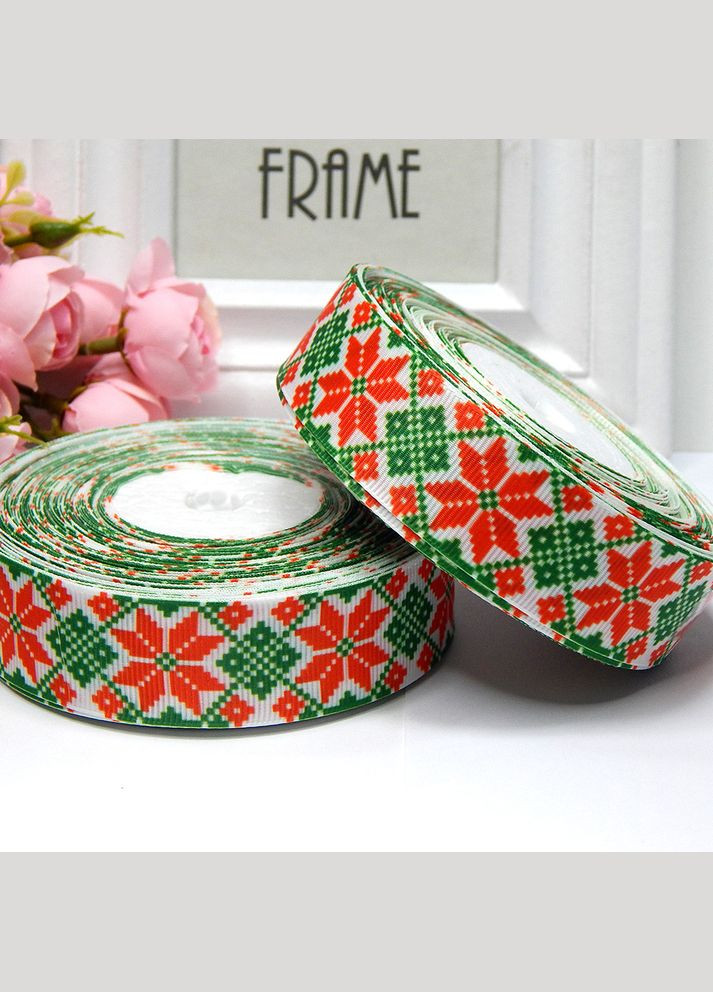 Лента репсовая, 2,5 см, орнамент Восьмиконечная звезда, красно-белый No Brand (340485437)