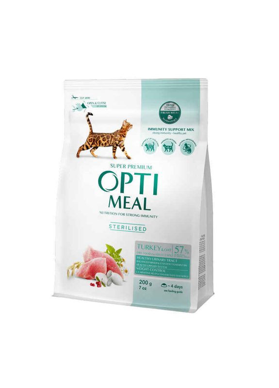Turkey Sterilized Cat – Сухий корм з індичкою та вівсом для стерилізованих котів - 200 г Optimeal (327062682)