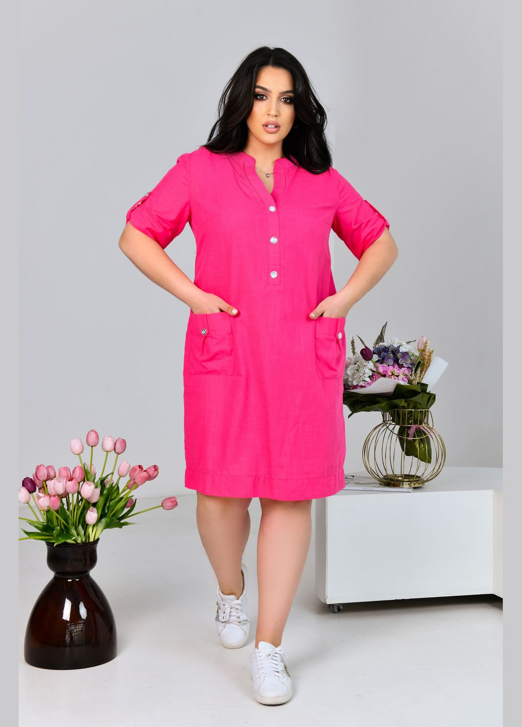 Рожева повсякденний сукня з льону сорочка No Brand однотонна