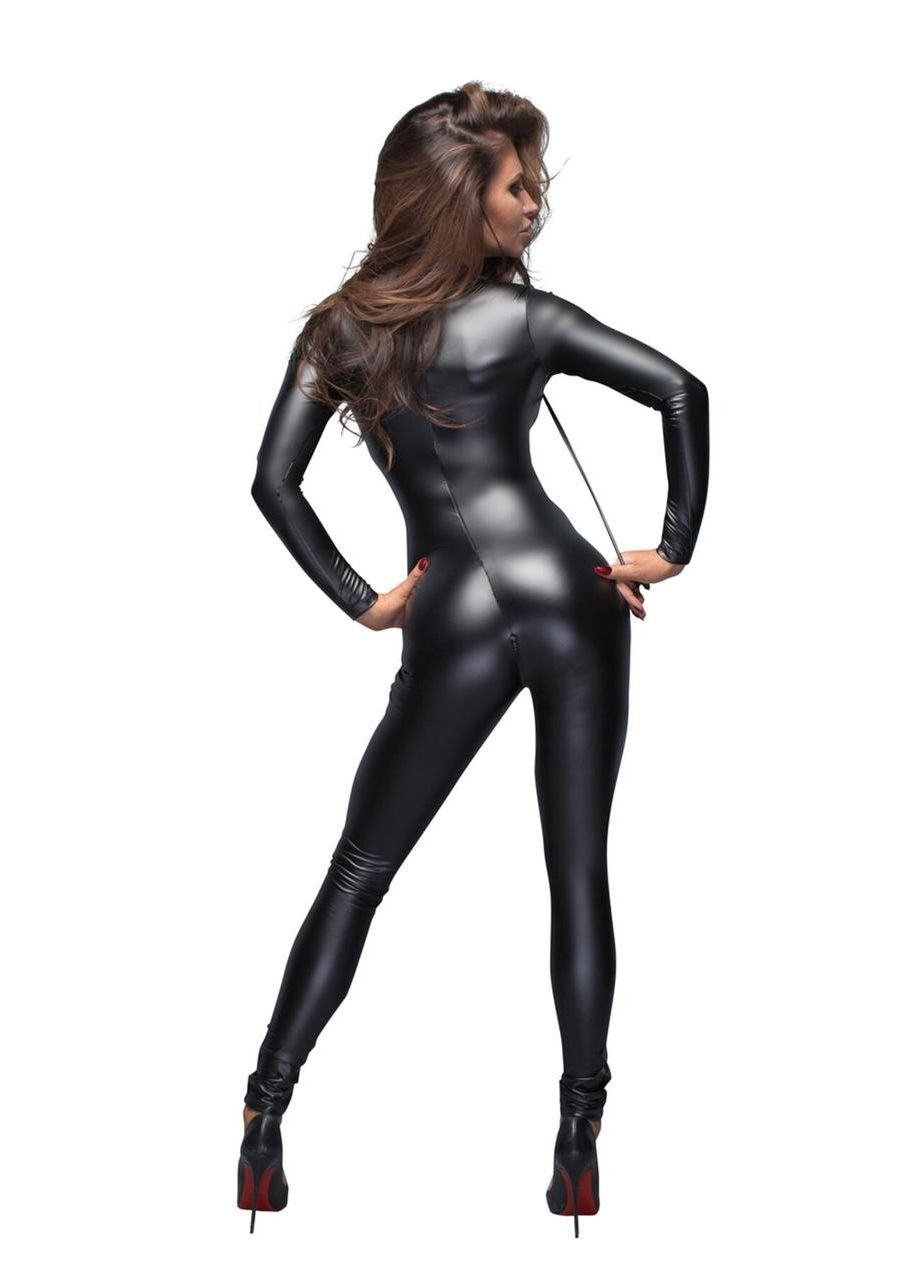 Черный демисезонный комбинезон noir f162 powerwetlook overall with leash and two-way zipper - xxl Handmade