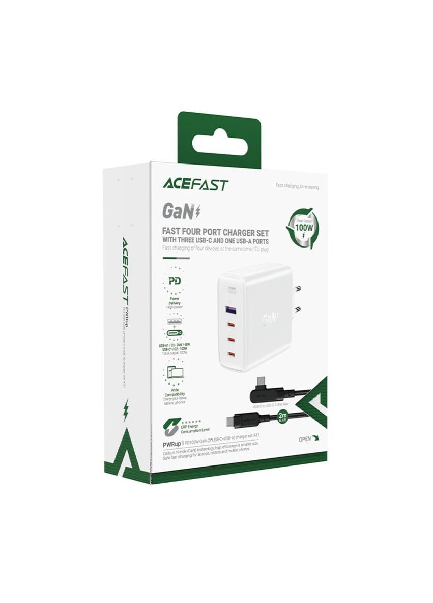 Мережевий зарядний пристрій A37 PD100W GaN (3*CUSB-C+USB-A) charger set White (6974316281672) Acefast A37 GaN charger set(cable C to C) (340062649)