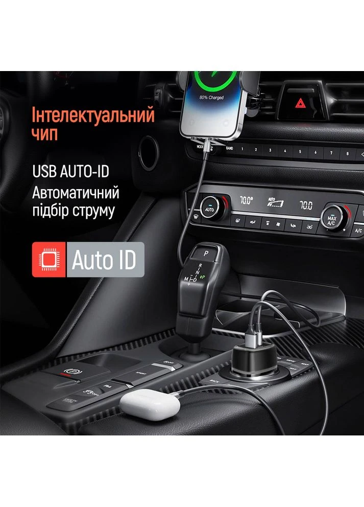 Автомобільний зарядний пристрій 2USB (Type-C PD65W + USB QC3.0 18W) 83W Black (CW-CHA068PD-BK) Colorway (382609867)