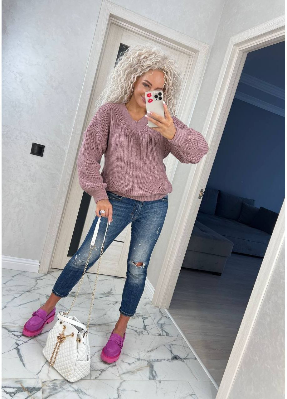 Пудровый демисезонный женский полушерстяной свитер с фактурной вязкой джемпер No Brand