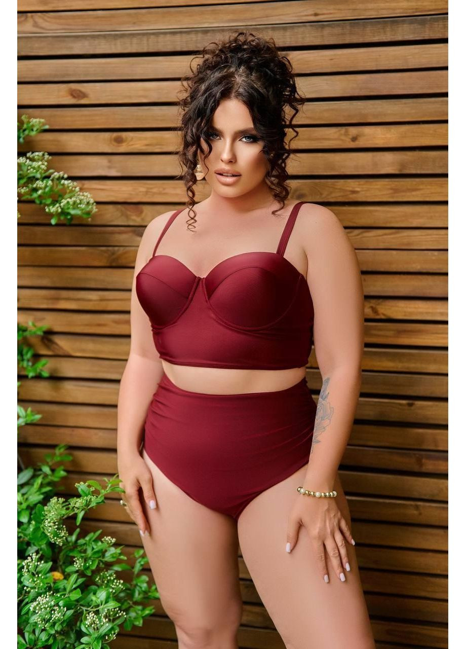 Бордовий літній жіночий купальник плюс сайз з топом-бюстьє / жіночий роздільний купальник великі розміри бордовий високі трусики No Brand