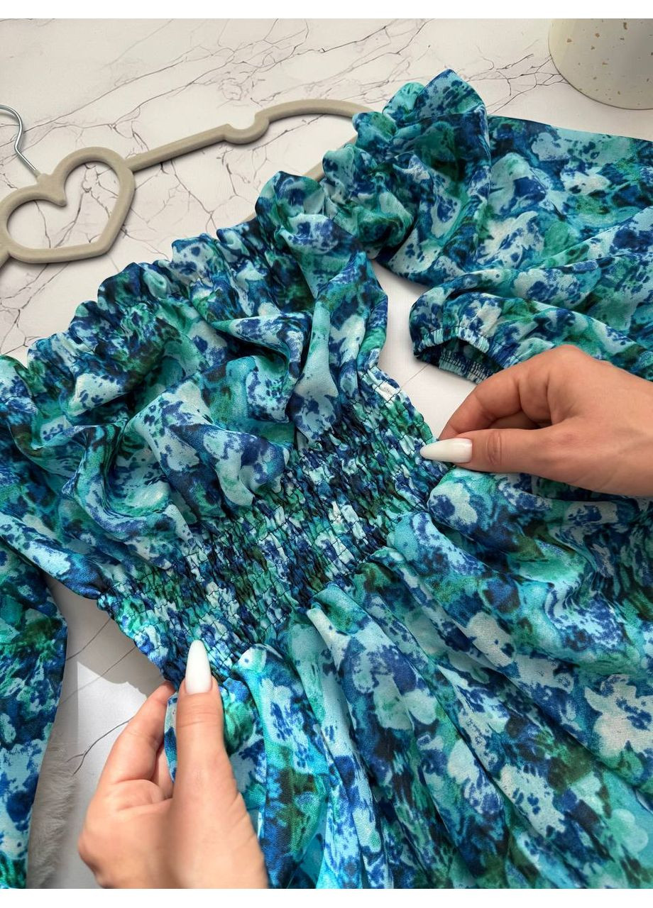 Бирюзовое красивое воздушное платье с длинным рукавом No Brand